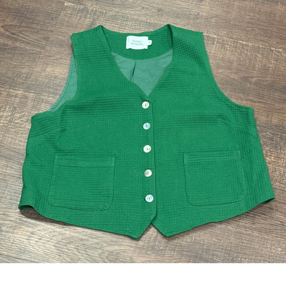 Things Between Green Waffle Knit Vest 100% Cotton Academia Women Sz S